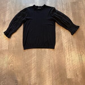 Adrianna Papell Black Knit Top Sheer Pleated Sleeves Mock Neck Women Size Small